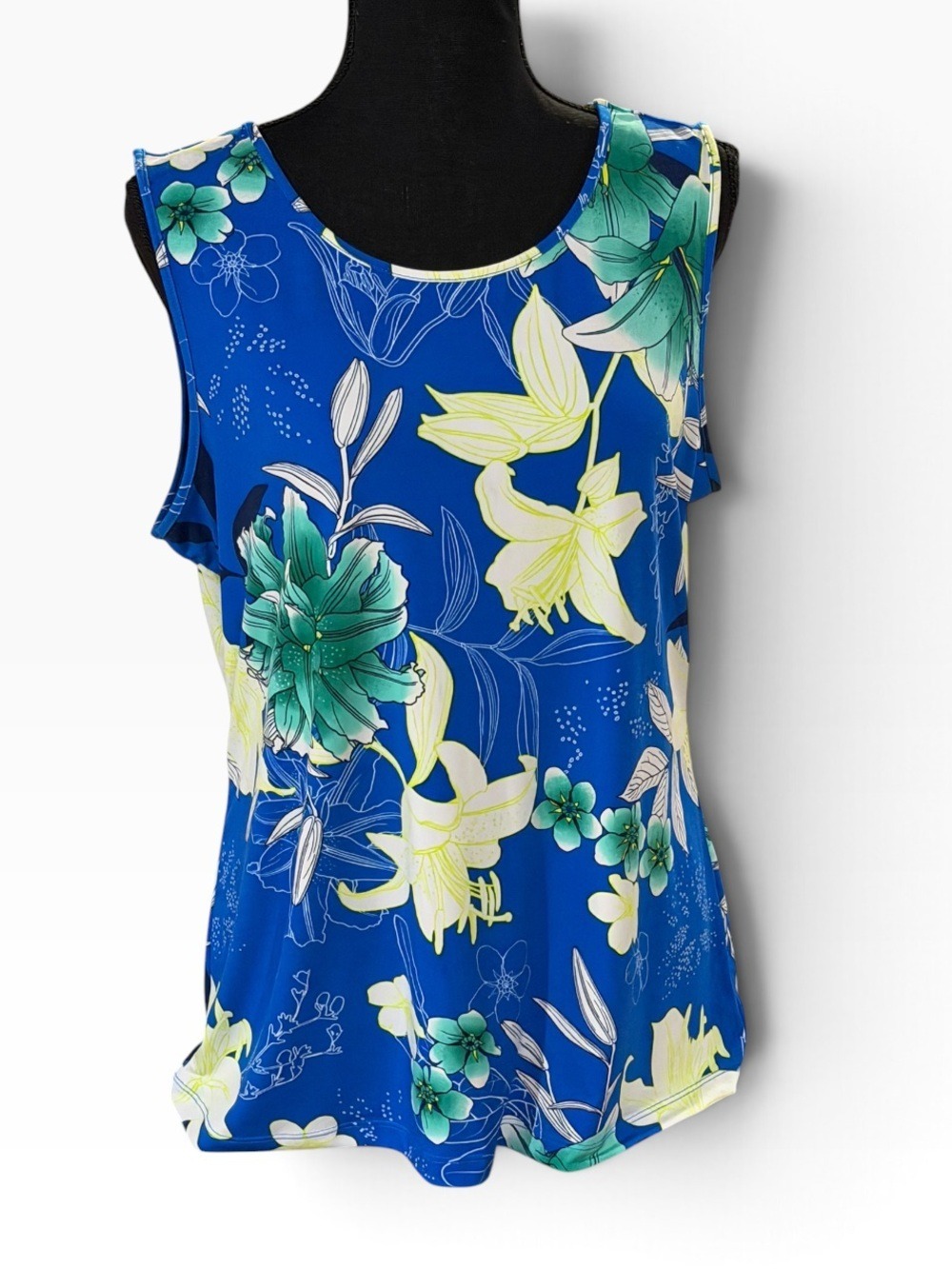 IMAN Tropical Floral Lily Tank Top Royal Blue Sleeveless Blouse Large